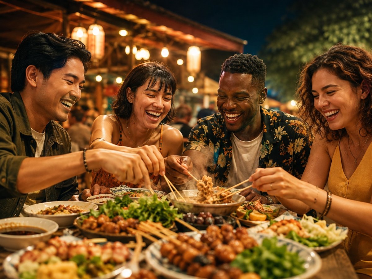 Friends laughing and sharing food at a night market