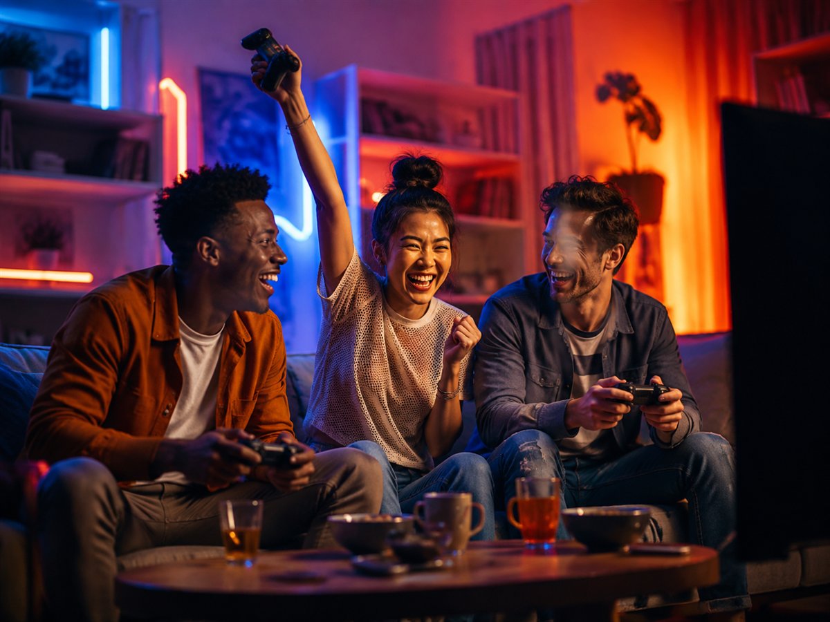 Friends celebrating while playing video games together